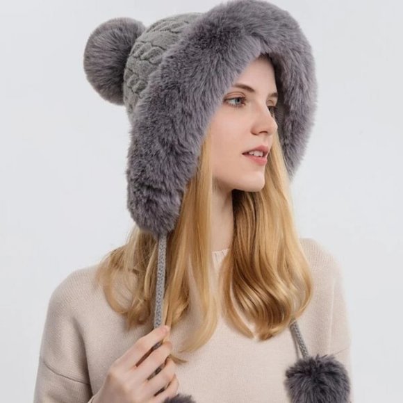 Faux fur trimmed & pom pom knit Hat winter Pink, black, cream, tan or gray - Picture 5 of 15